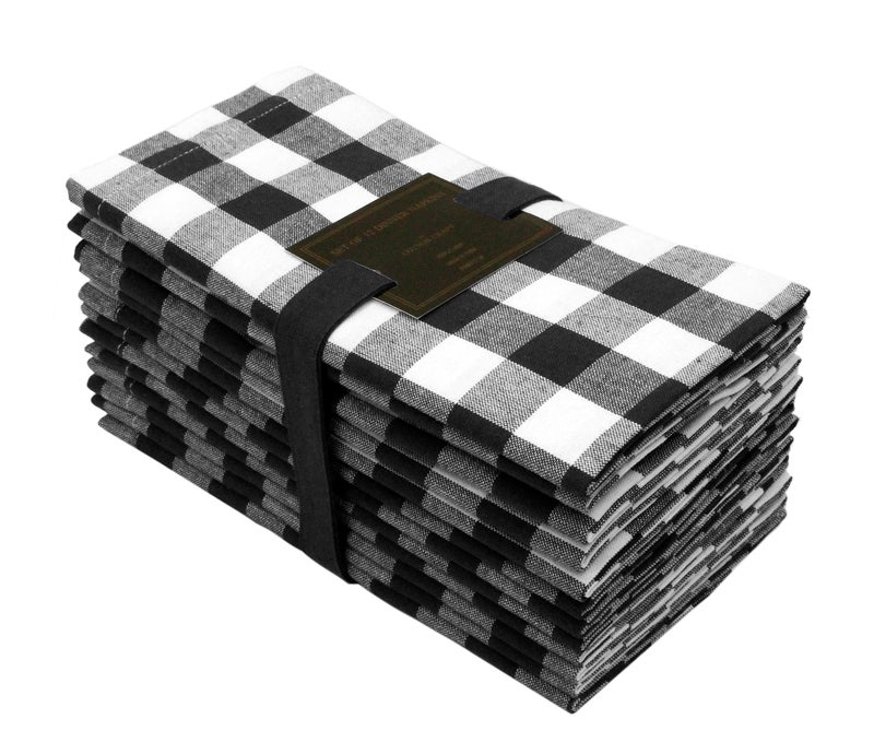 COTTON CRAFT Buffalo Plaid Cloth Napkins - Set of 12 Pure Cotton Gingham Check - Everyday Halloween Harvest Fall Holiday Dinner Napkin - Soft Washable Reusable Napkin -Oversized 20x20 Black White - Image 1